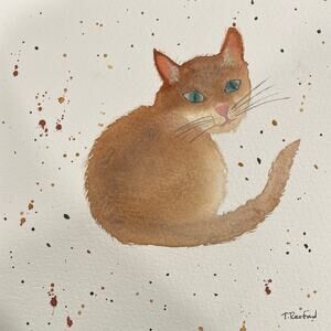Hand painted watercolor original painting cat 8x8"